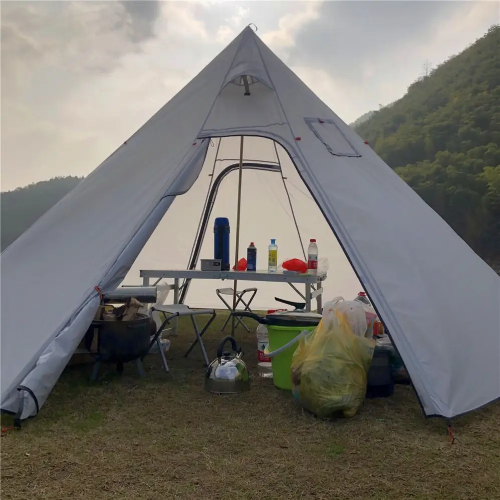 High Quality Outdoor Pyramid Tent Wiht A Chimney Hole Ultralight Camping Teepee Awings Large Space Cotton Family Camping Tents