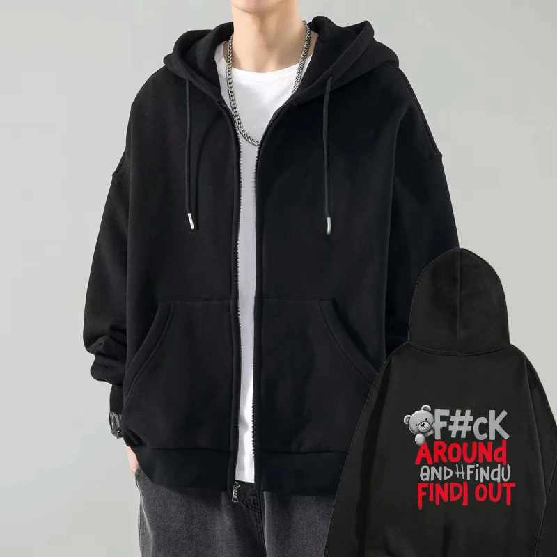 

Men's Hooded Jacket Black F#ck Around And Find Out Printed Pattern Casual Streetwear Hoodie for Daily Wear and Outdoor Activitie