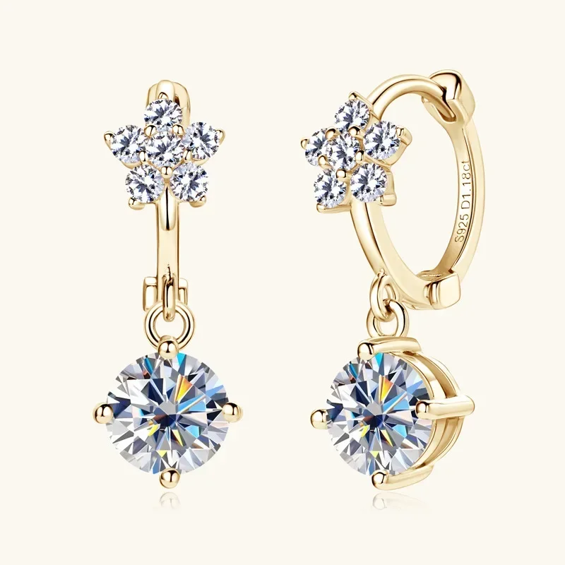 

18k Gold Plated 925 Silver Flower 6.5MM 1CT Moissanite Drop Hoop Earrings GRA Certified Wedding Jewelry Gifts for Women