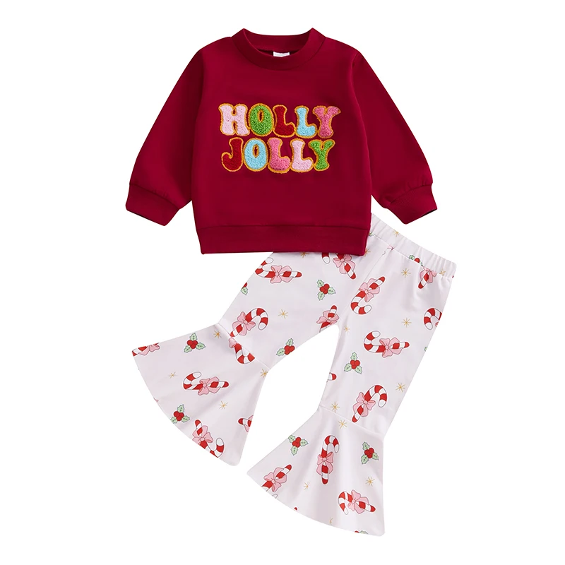 Toddler Girl Christmas Outfits Letter Embroidery Long Sleeve Sweatshirt with Flare Pants 2Pcs Set