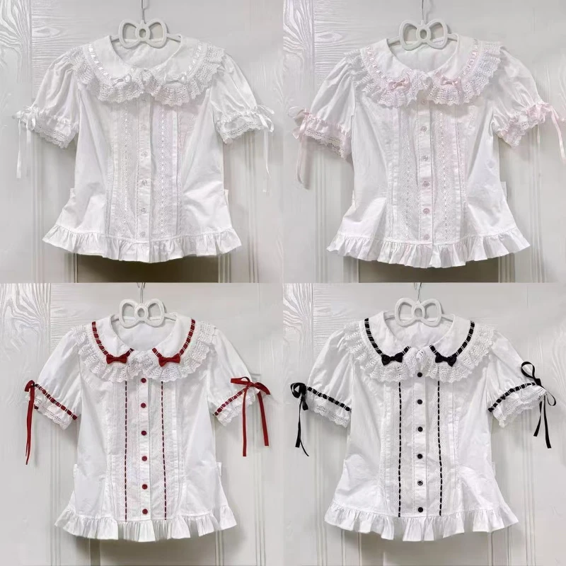 Japanese Kawaii Cute Lolita Style Shirt Women Sweet Lace Ruffles Peter Bow Pan Collar Blouses Girls Harajuku Y2k Chic Inside Top view 5
