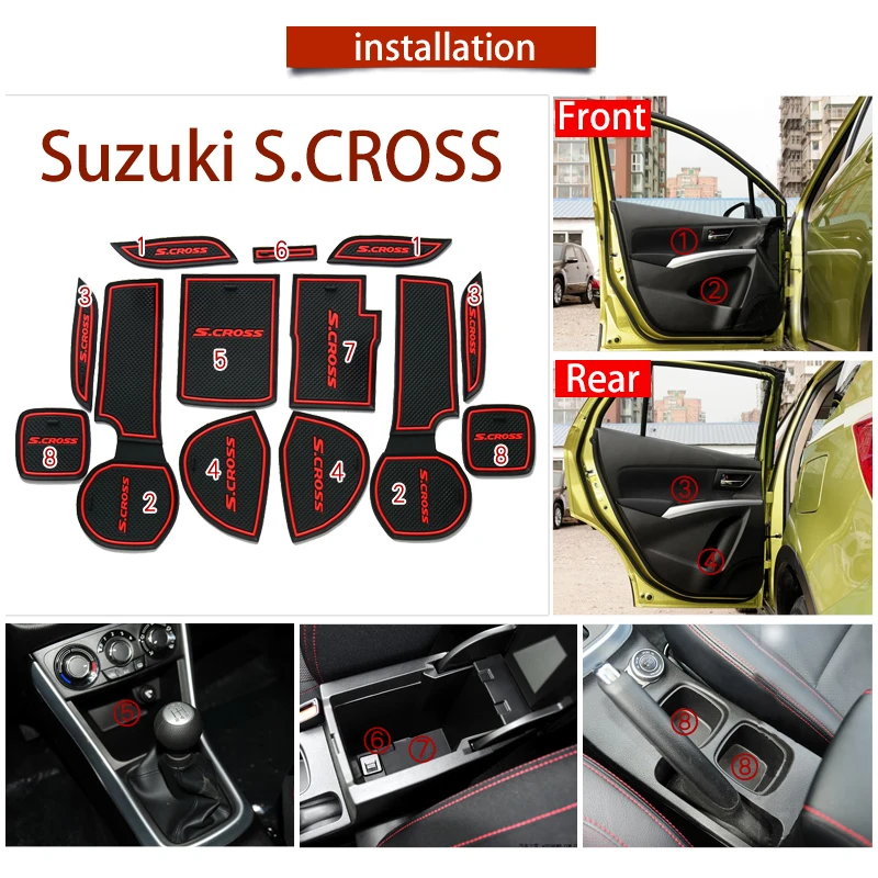 13PCS Car Cup Coaster Door Groove Mat Decoration Interior Accessories For Suzuki SX4 S-Cross S Cross 2014 - 2018 2015 2016 2017