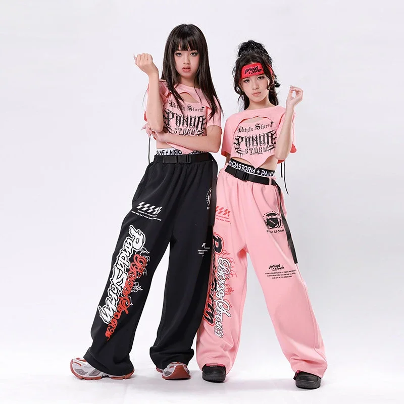 Mädchen Jazz Dance Kostüm Rosa Crop Tops Hosen Kleidung Gruppe Hip Hop Streetwear Bühne Leistung Outfits Kpop Modern Dance Wear