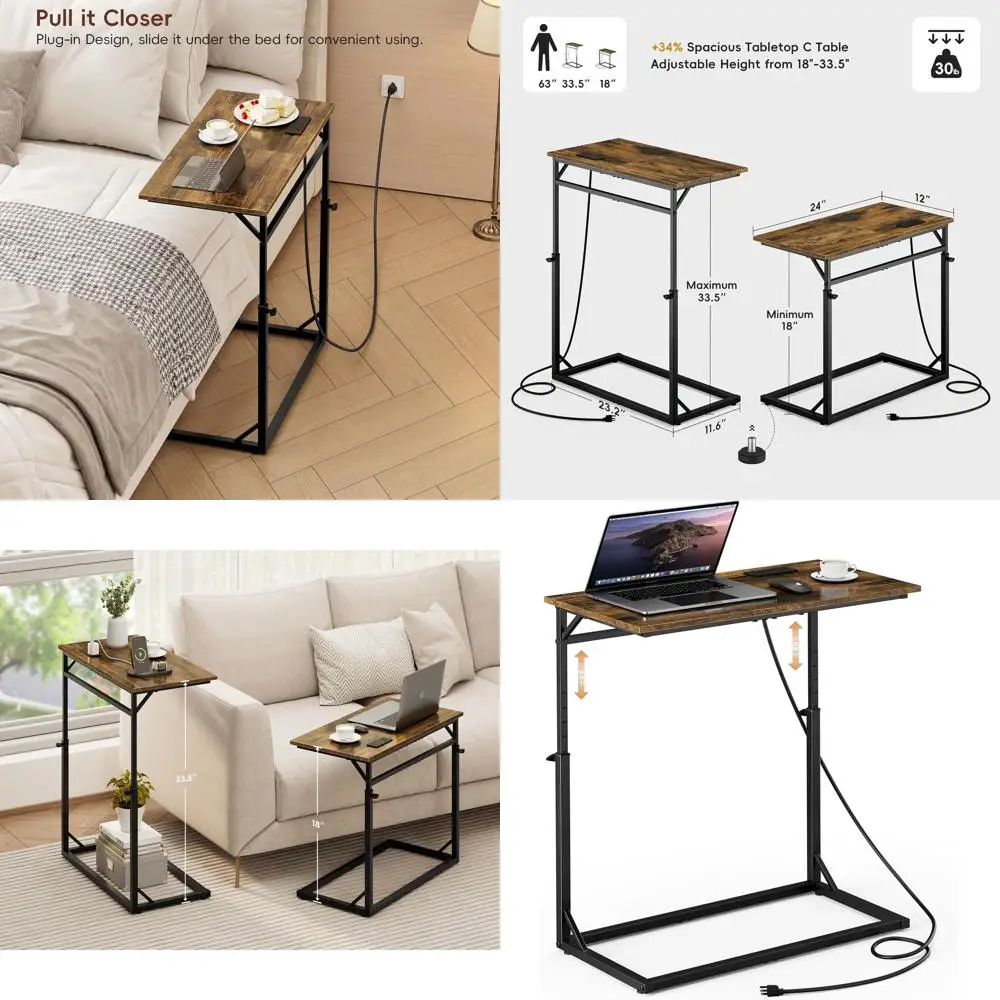 

C Shaped End Table with Charging Station, Large C-Table End Table Adjustable Height Side Table for Couch, Couch Table Slide Unde