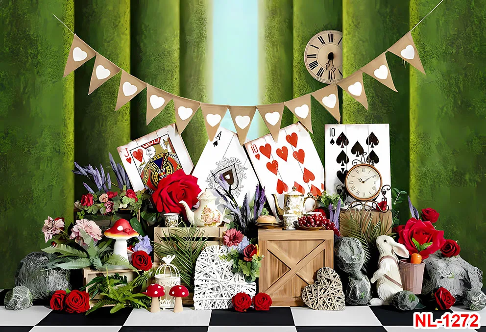 Alice in Wonderland Theme Photography Backdrops Baby Girl Birthday Party Photo Background Studio Props Photocall Vinyl