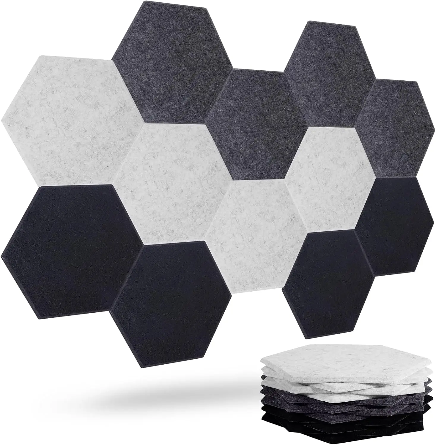 

12-Pack Acoustic Panels, High Density Sound Absorbing with Self-Adhesive, Large Hexagon in Black/Dark Gray/Silver