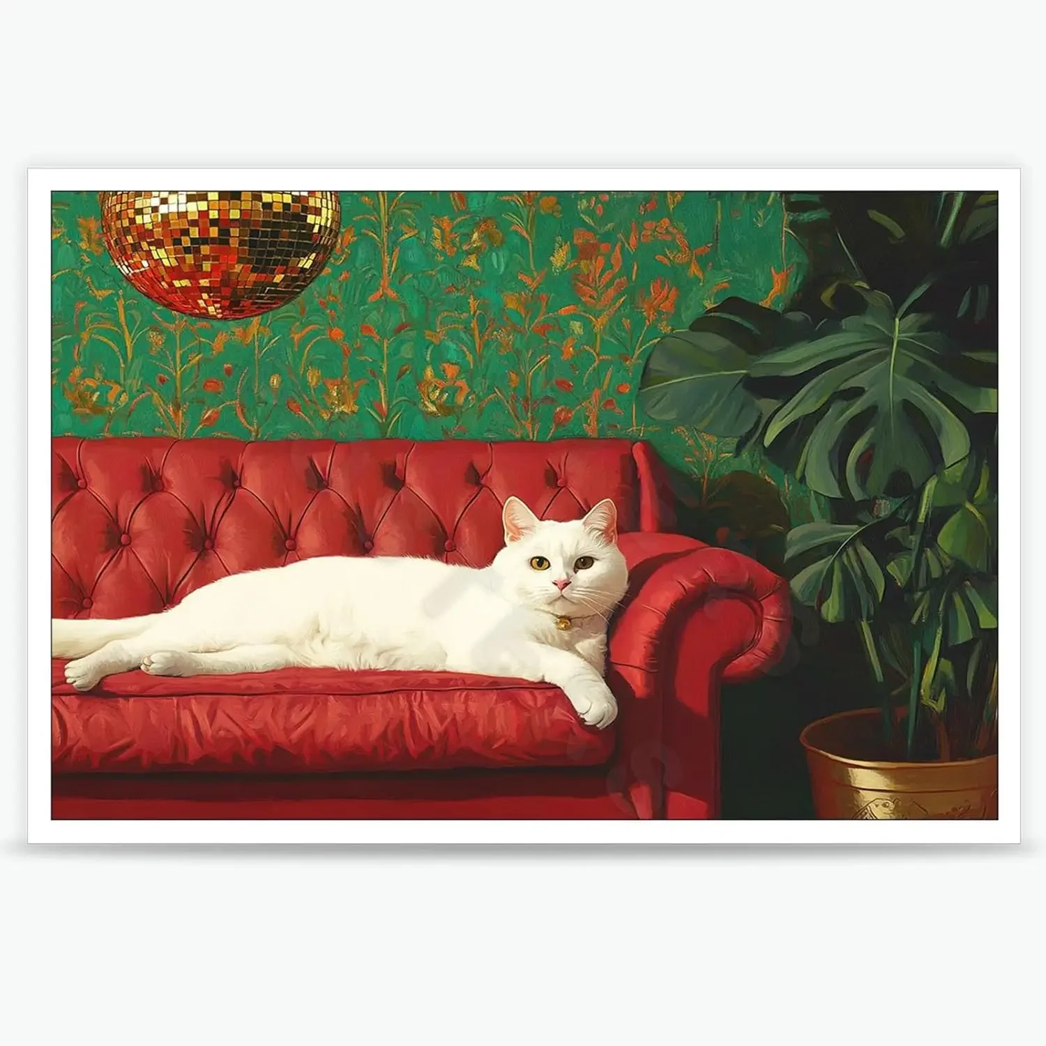 Disco Ball White Cat Print Picture Poster Funny Pet White Cat Sleeping Sofa Canvas Painting Home Room Decoration Frameless