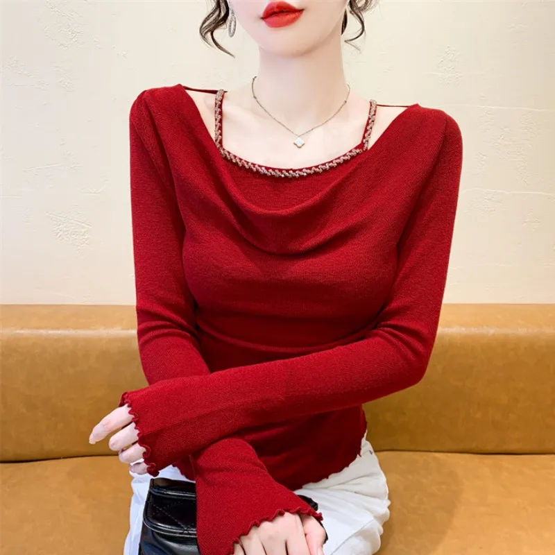 

2025, новинка, европейская, одежда, вязаный, свитер, женский, модный, сексуальный, воротник-крыльцо, шнуровка, блестящий, бисер, длинный рукав, повседневные, топы, 51043