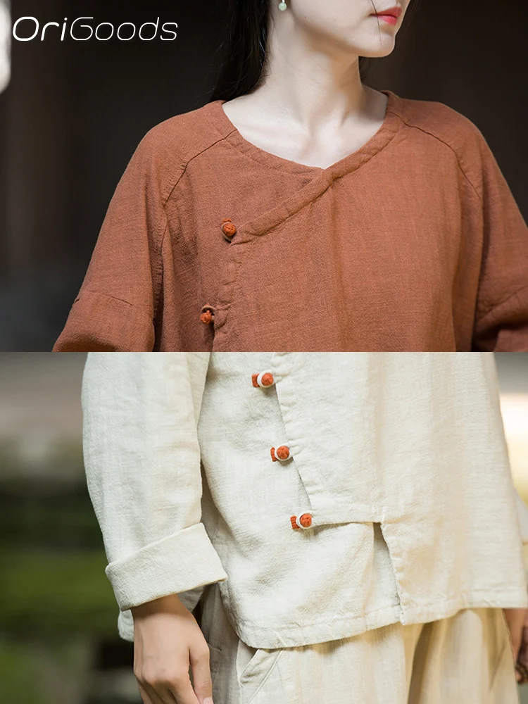 OriGoods Langarmbluse im chinesischen Stil, Kleidung, Ramie, Baumwolle, Leinen, Damenhemd, 2025, Herbst, neue Zen-Tops, lockere Passform, Hemden, B336