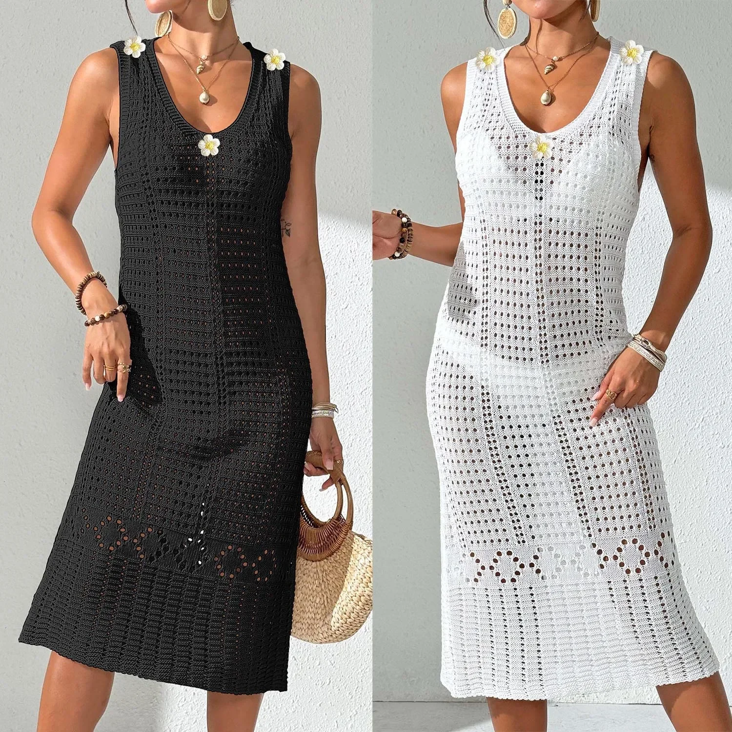 فستان ماكسي محبوك أنيق للسيدات لقضاء العطلات لصيف 2025 فستان ماكسي محبوك بدون أكمام مثير لتغطية الشاطئ #4