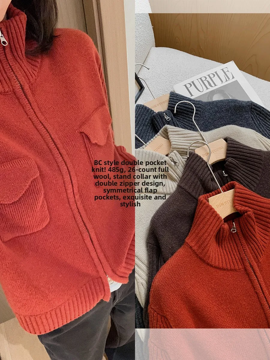 

Women's Knitted Woolen Jaet Double Zipper Stand Collar Casual Sle Full Wool Warm Top Casual Faion Ladies Knitwear