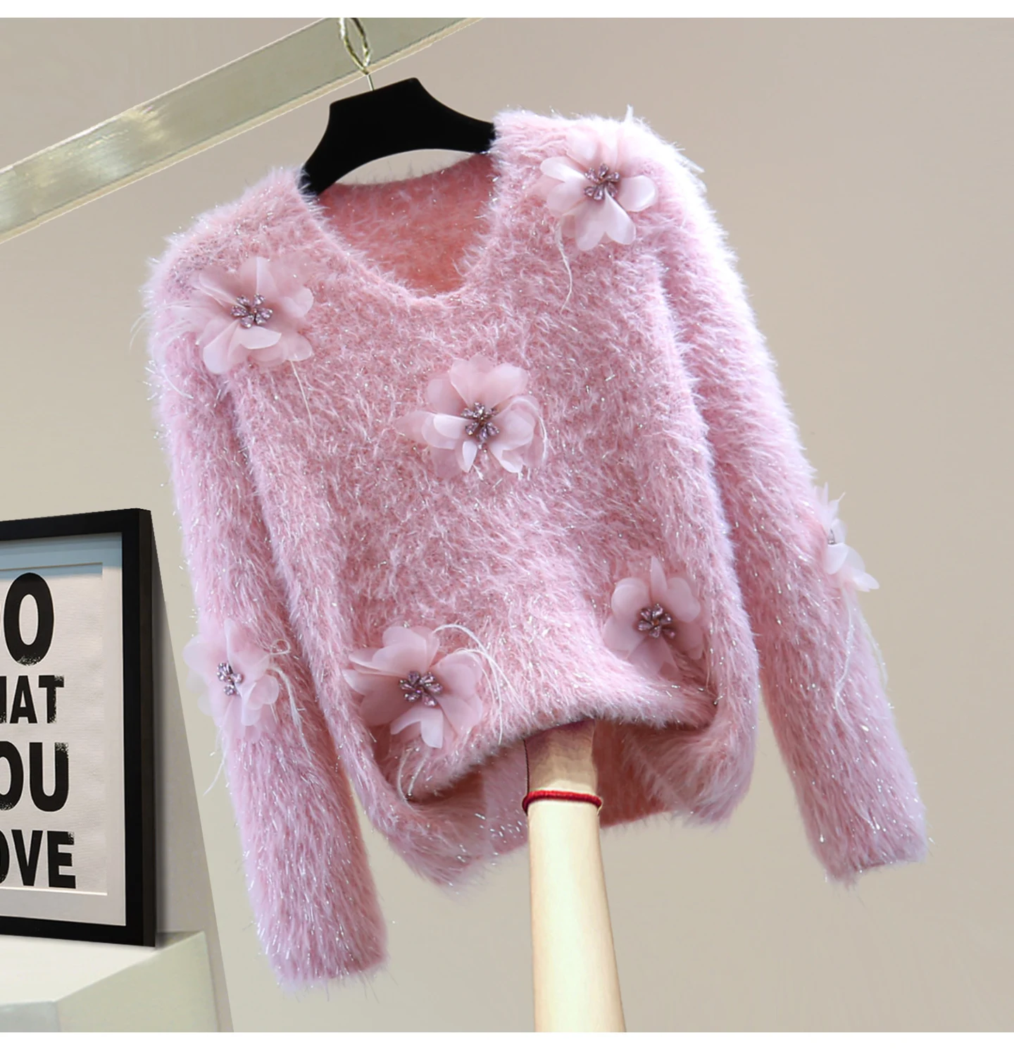 

Топ из мохера с цветочным узором, осень-зима 2025 г., женский короткий блестящий свитер с высокой талией и v-образным вырезом, модный розовый пуловер