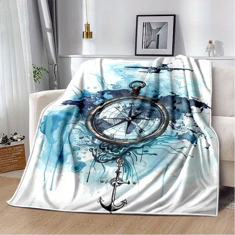 Marine Style Vintage Compass Anchor Blue Ink Splash Art Pattern Soft Blanket Fit Living Room Bed Travel Multi-scene Home Daily
