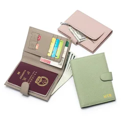 Soporte de pasaporte de viaje ultrafino con letras personalizadas, bloqueo RFID, Clip de dinero de cuero genuino, bolsa de almacenamiento de boletos, tarjetero de crédito