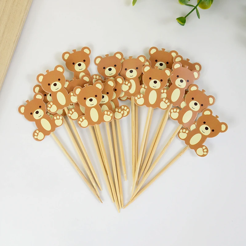 

20pcs Cartoon Bear Disposable Bamboo Buffet Food Picks Dessert Fruit Forks For Birthday Baby Shower Party Cake Decoration