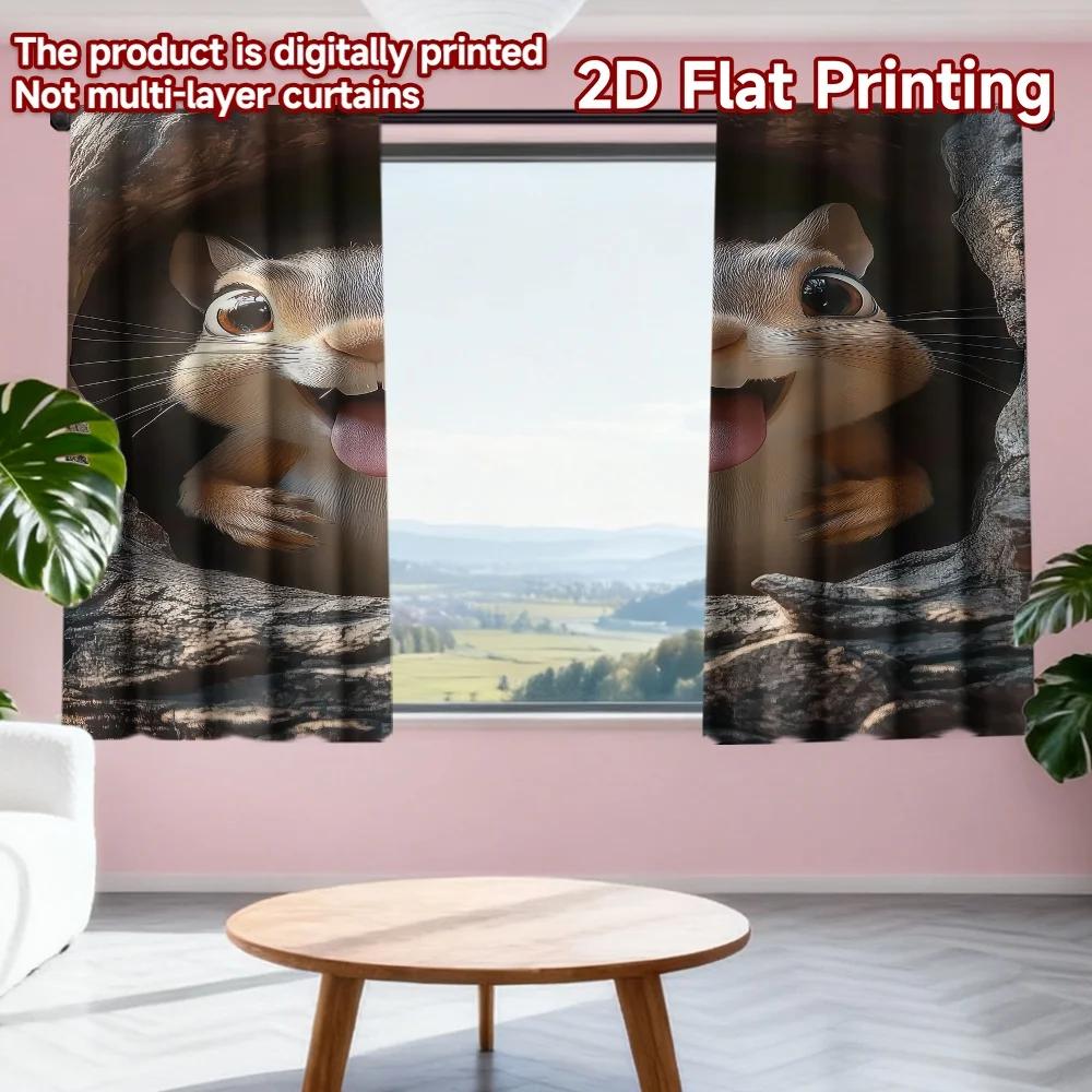 

2D flat printing 2pcs Curtain Joyful Squirrel Peekaboo Digital Printed Polyester Drapes Festive Curtains Perfect for All