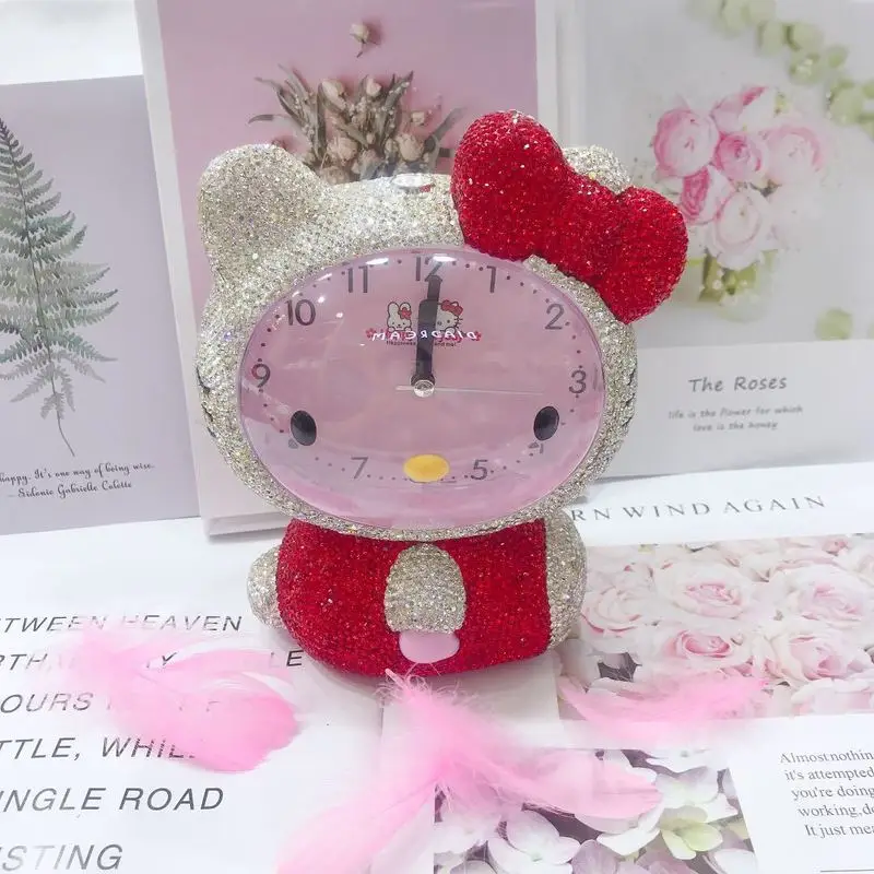 Miniso Cartoon Hello Kitty Alarm Clock Set With Diamonds Cute And Energetic Girlish Heart Birthday Gift Room Desktop Decoration