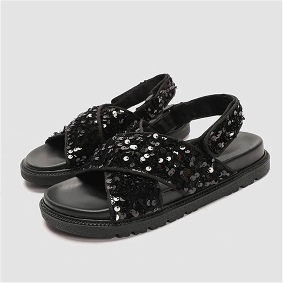 2024 Bling Bling Glitter Women Sandals Designer Thick Sole Platform Beach Shoes Woman Flat Sandalias Summer Casual Flats Size 43