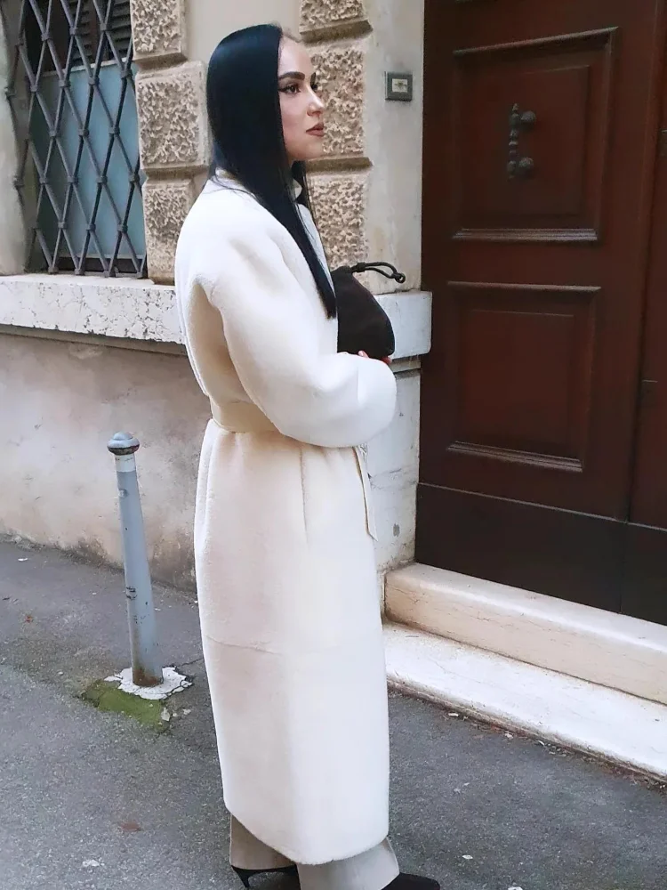 

Зимнее теплое женское пальто-макси с поясом из искусственного меха, оверсайз, длинное, с длинными рукавами, роскошное повседневное верхнее одеяние для женщин