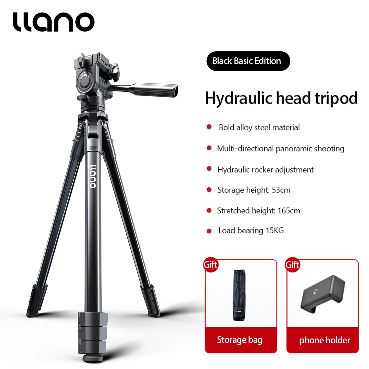 Llano Professional Photography Camera Tripod Travel Phone Tripod Stand with Fluid Head (Max Load:15KG) Height from 53cm to 165cm image 3
