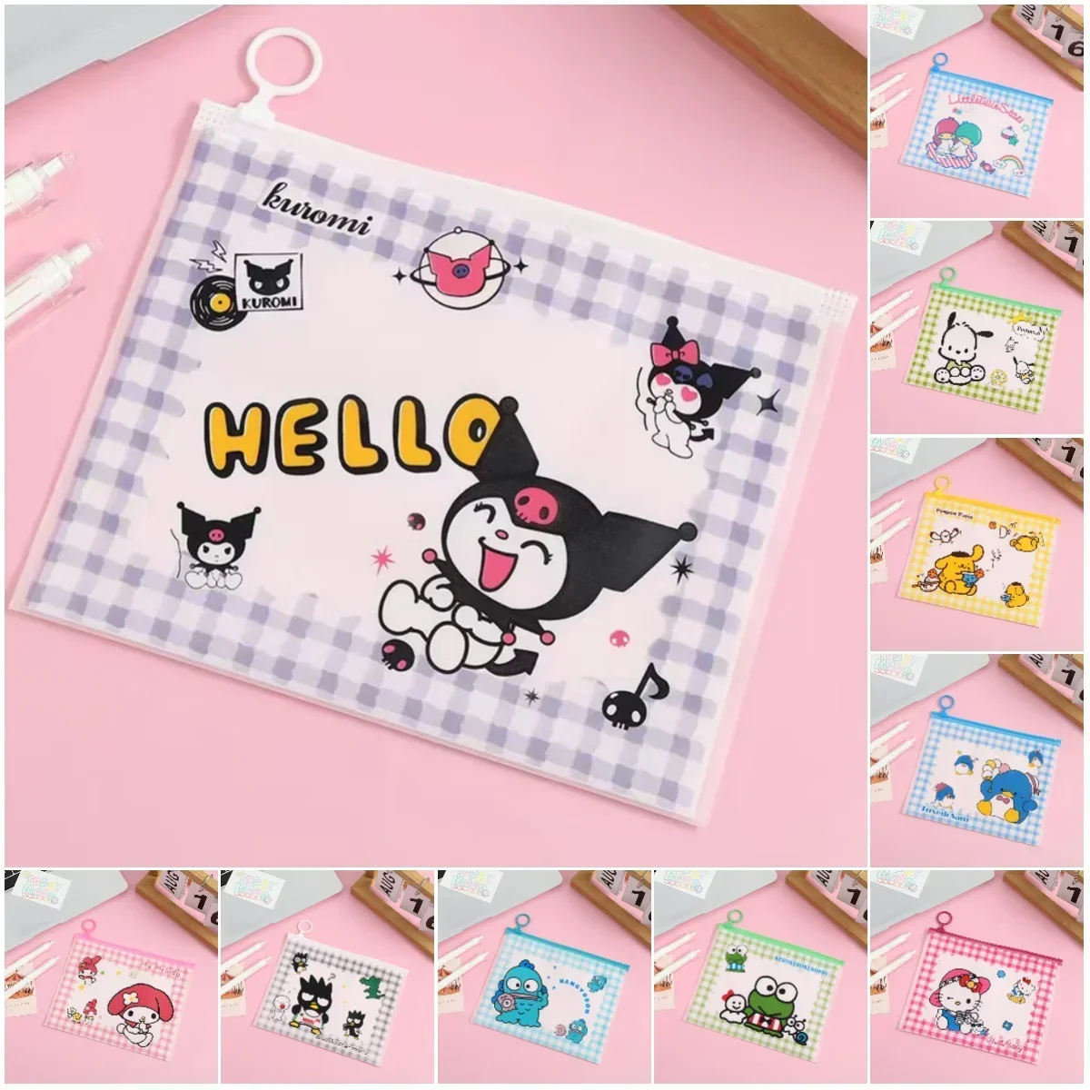 5Pcs Sanrio Kuromi Mymelody Cinnamoroll Pom Pom Purin HANGYODON Pochacco Cute Pencil Case School Pencil Bag birthday gift