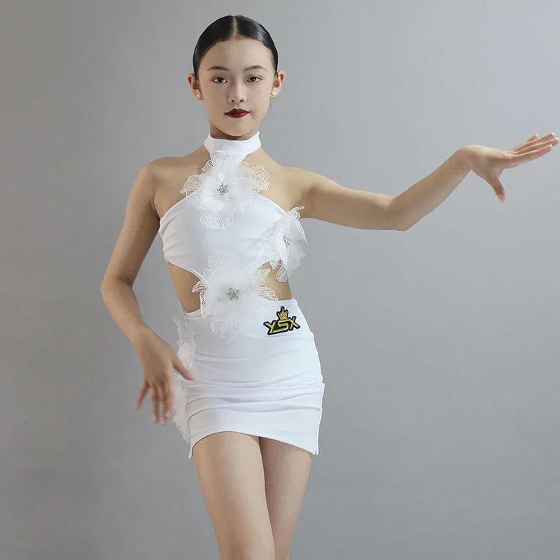 2024 New Latin Dance Practice Costumes Girl's Tango Performance Clothes Handmade Beaded Decoration White Stage Dress VBH258