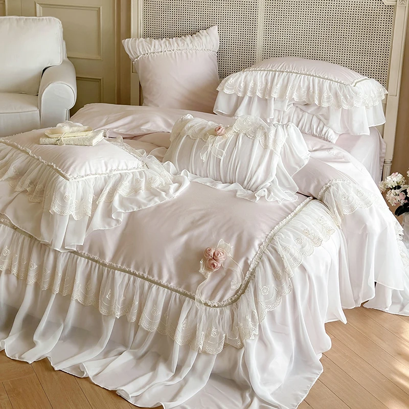 1000TC Egyptian Cotton Pink Lace Ruffles Stereoscopic Handmade Flowers Wedding Bedding Set Duvet Cover Bed Sheet Pillowcase 4Pcs