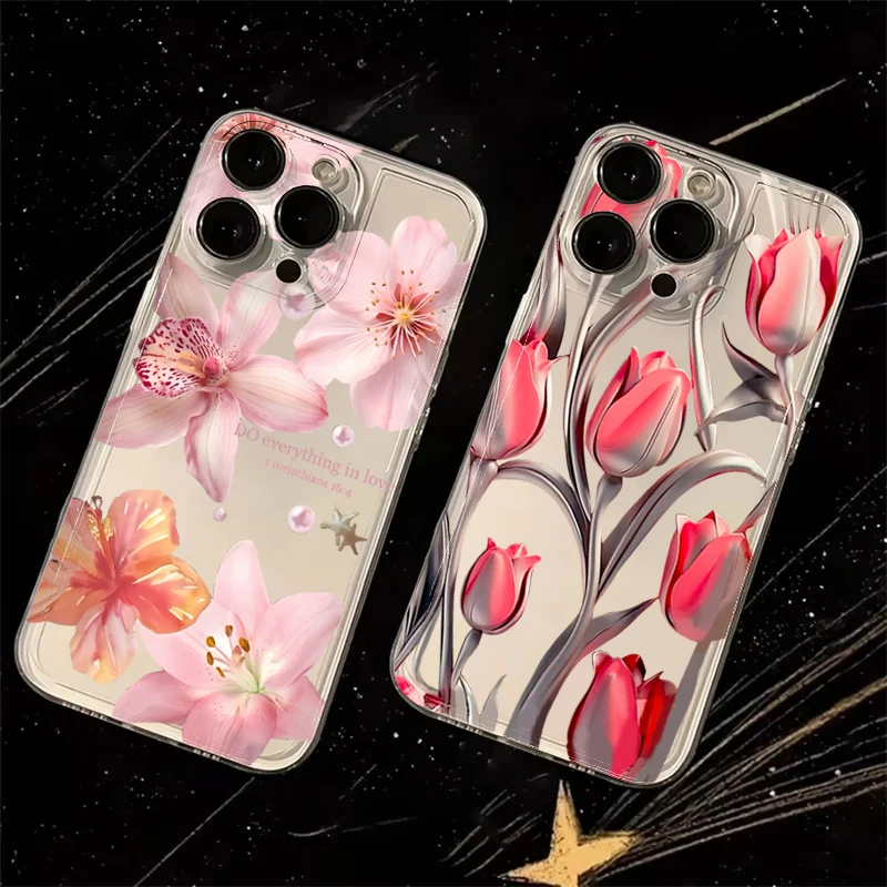 Silicone Lily Flower Phone Case For Redmi Note12 13 11 12 13 14 Pro Plus 5G  13C 4G Shockproof Cover Transparent Floral Fundas view 2