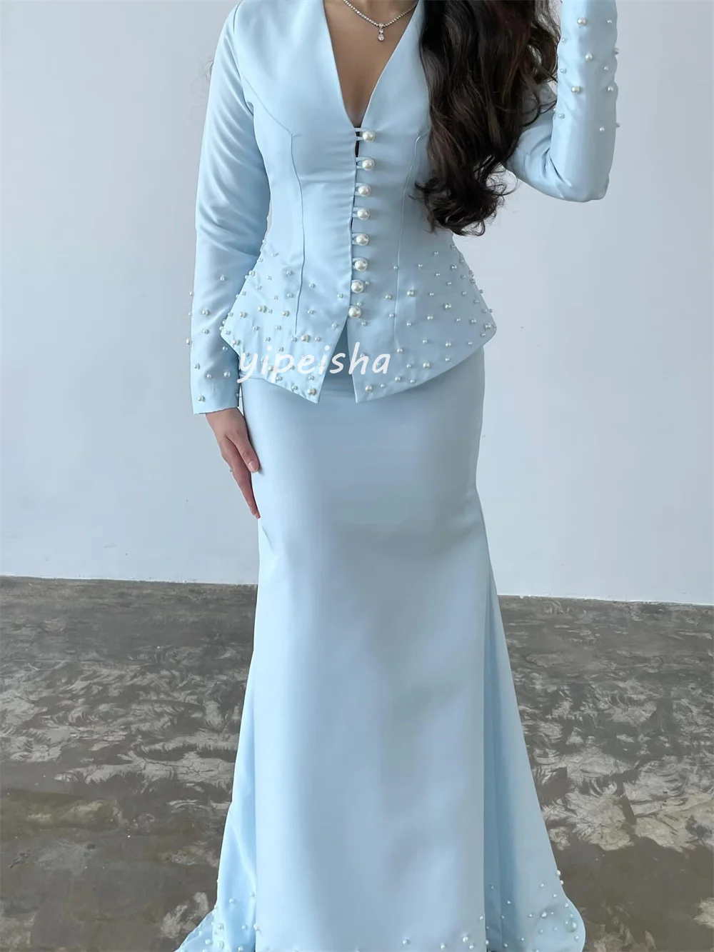 Customized Matching Exquisite Pearl Pleat Mermaid V-neck Long Dresses Bespoke Occasion Dresses Sizes Available High Quality Sexy
