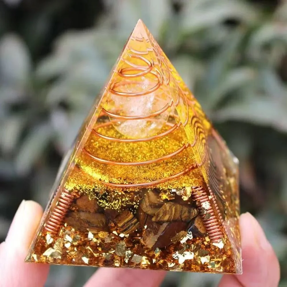 Crystal Epoxy Tiger Eye Stone Pyramid 4cm Handmade Resin Craft Copper Wire Spiral Home Decoration