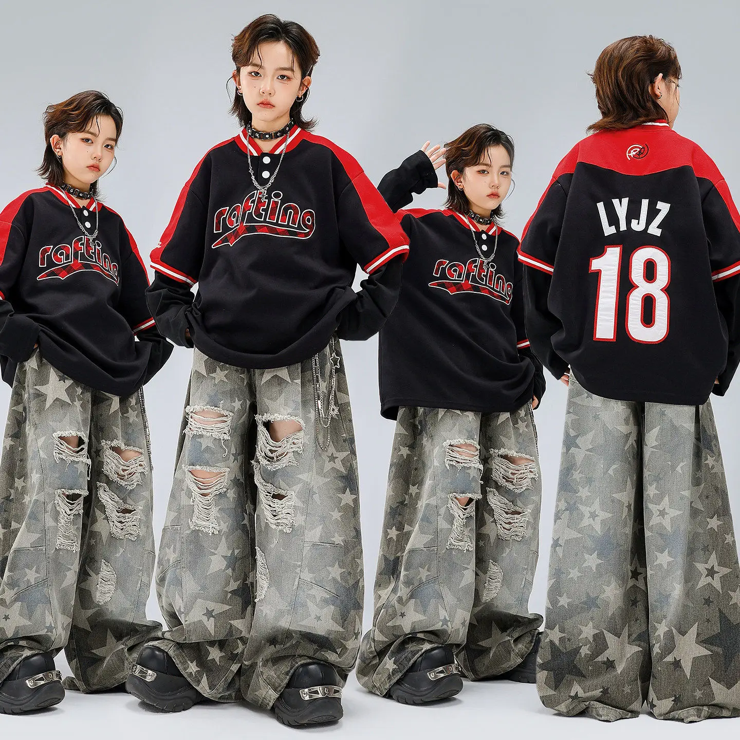 

Детская одежда в стиле K-pop и хип-хоп: черно-красный свитшот с многослойными рукавами, рваные брюки с изогнутым кроем и звездами для девочек и мальчиков, костюм для танцев