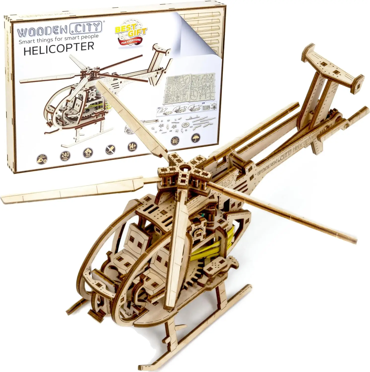 

3D Wooden Helicopter Model Kit - 173-Piece DIY Mechanical Puzzle with Working Rotor, Made in EU