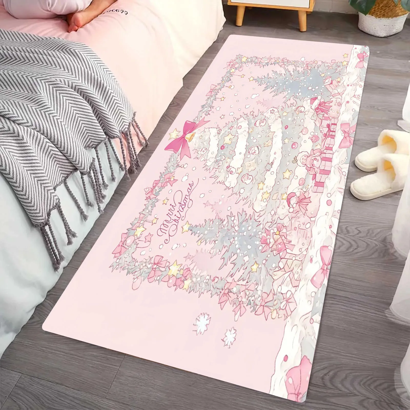 

Pink Christmas Print Bathroom Non-silp Door Mat Suitable for Living Room Entrance Decorative Accessories Pad Kitchen Bedroom Rug