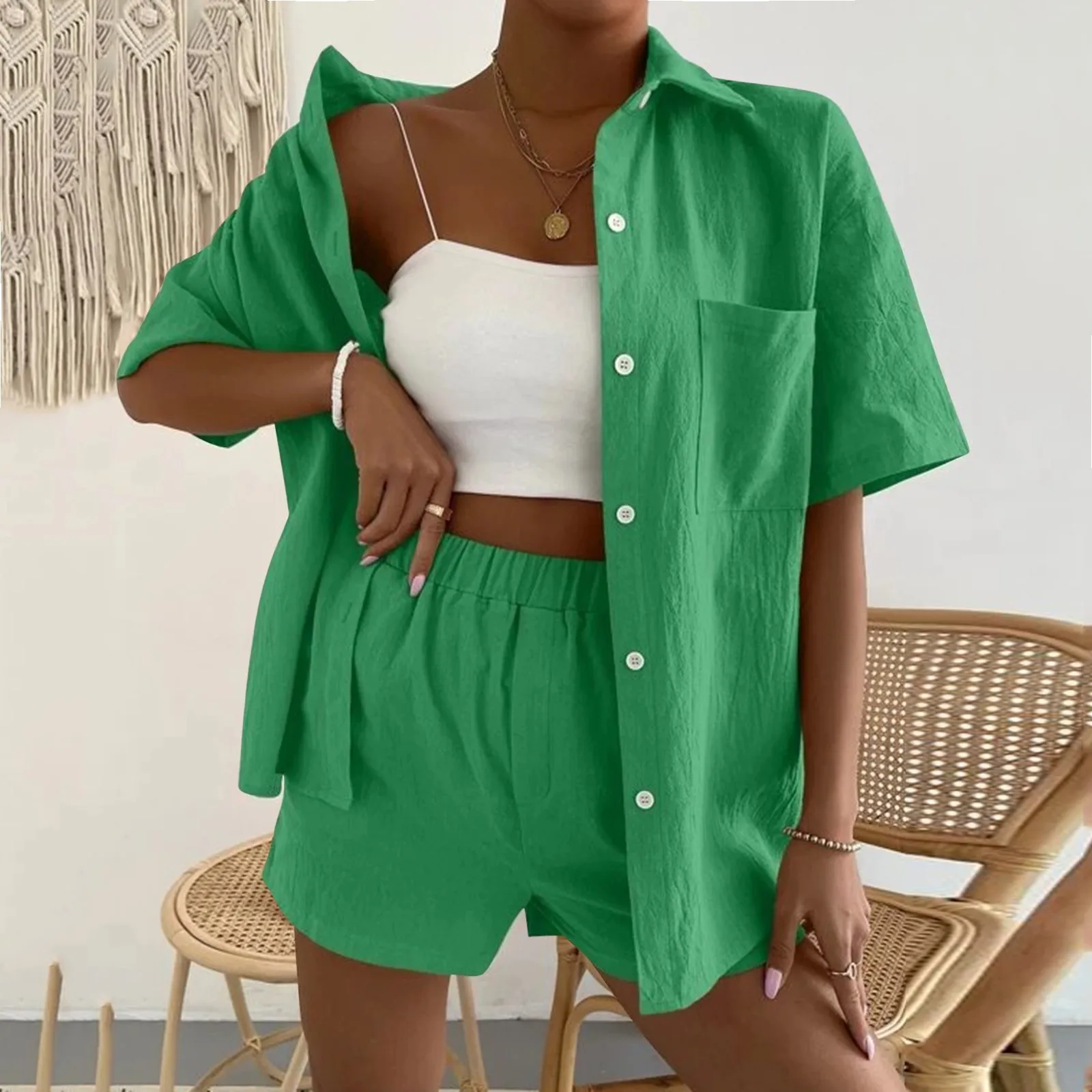 Ladies Cotton And Linen Fashion Suit Solid Color Pocket Patch Off-The-Shoulder Shirt And Shorts 2-Piece Outwear Leisure Set 2024