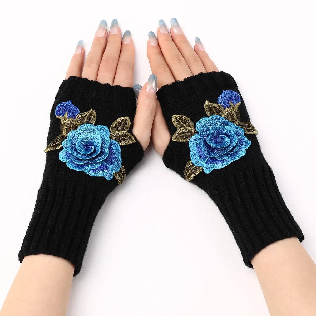 2024 New Autumn Winter Women\'s Short Fashion Embroidered Flower Gloves Knitted Wool Sleeves Warm Mittens Fingerless Gloves Women