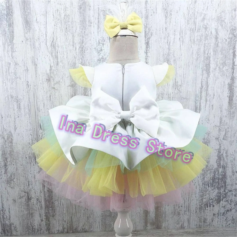 

Lovely Rainbow colours Flower Girl Dress White Satin With Tulle Fluffy Wedding Party Little Princess Kids Birthday Evening Gowns