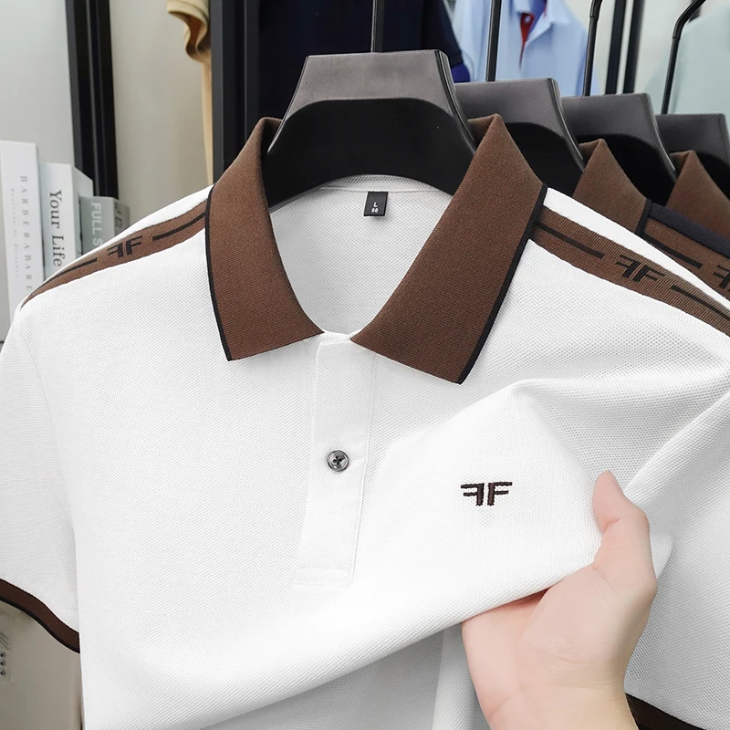Light Luxury Men's Embroideryed Polo Shirt New Solid Color Short Sleeve Lapel 100% Cotton T-shirt Business Casual Men's Clothing