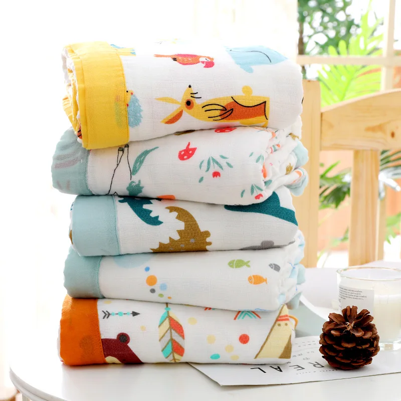 4 Layers bamboo fiber soft summer muslin blanket dinosaur fox baby swaddle wrap blanket Bath Towel baby receiving blanket