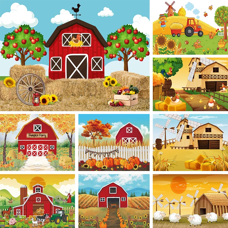 Autumn Harvest Rural Farm Backdrop Kids Birthday Party Photo Background Fall Pumpkin Country Red Barn Door Haystack Decor Banner