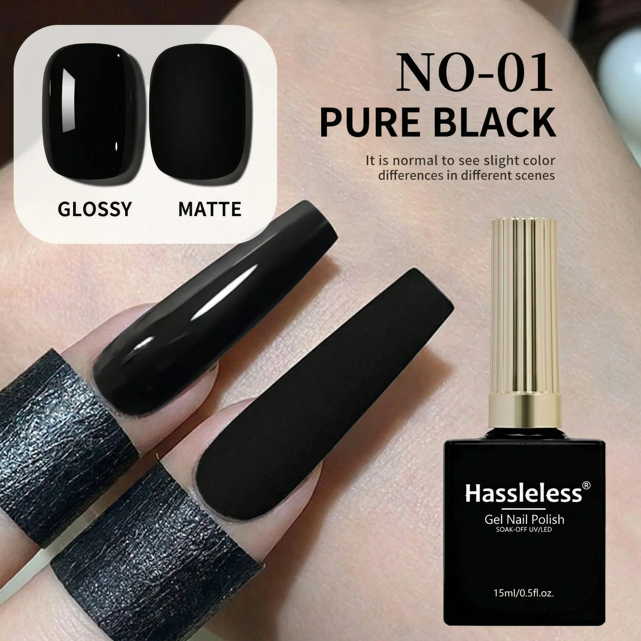 Hassleless 15ml Black UV/LED Nail Polish — High-Gloss Finish; A Must-Have for Nail Art Enthusiasts; Ideal for French Manicures a