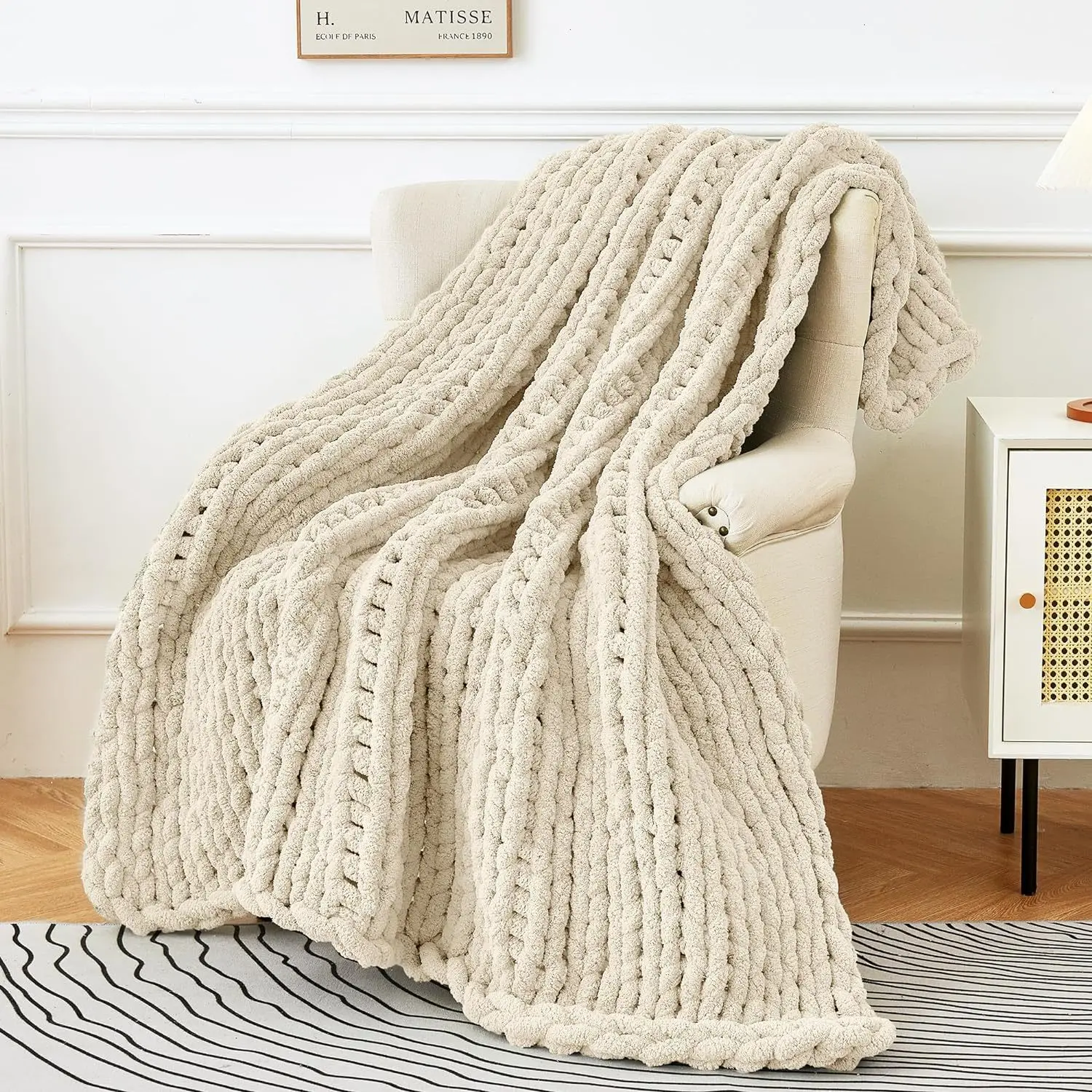 

Cozy Handmade Chenille Knit Throw Blanket for Home Sofa Winter Warm Living Room Bedroom 37"x47" 51x63" 59"x79" Grey Beige Pink