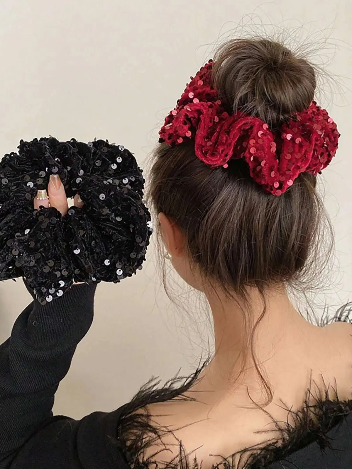 Grand chouchou noir pour cheveux, avec paillettes noires Vintage, attaches pour cheveux et accessoires pour cheveux, sensation haut de gamme, 1/2 pièces