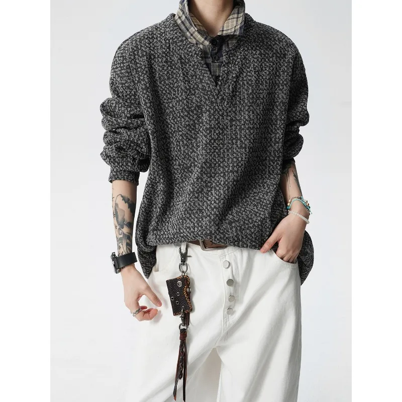 

Mens Fake Two-piece Plaid Collar Gradient Long Sleeve Polo Shirt Casual Loose Vintage Sweatshirt Oversized Top Unisex Sweatshirt
