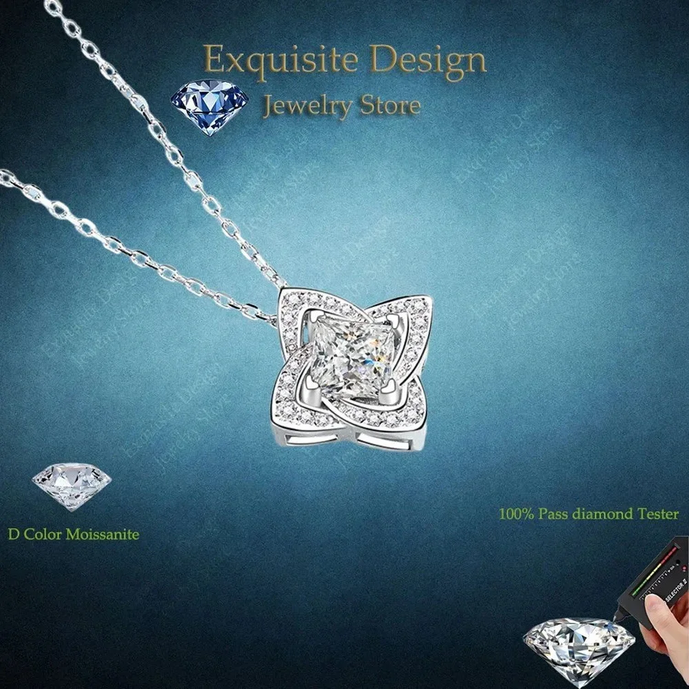 Luxury Four Leaf Square Clavicle Chain Platinum PT950 Pendant for Women 1 CT Moissanite Diamond Necklaces Girl Fine Jewelry Gift