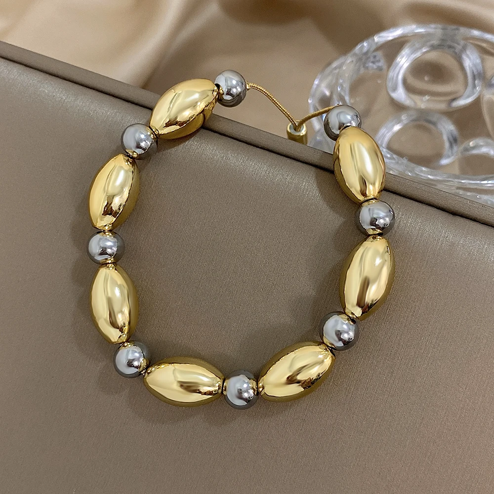 Glossy Two Tone Olive Ball Beads Stainless Steel Bracelets for Women Men Unisex Fashion Hip Hop Style Waterproof Jewelry Gifts