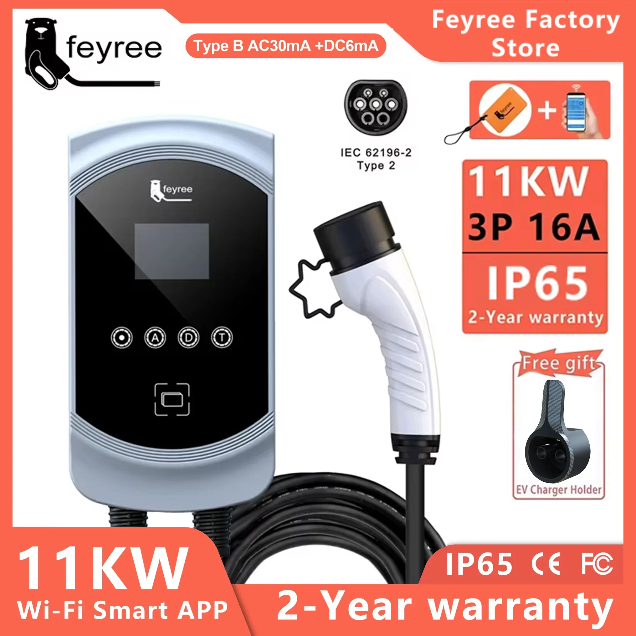 شاحن Feyree-EV للسيارة الكهربائية ، كابل من النوع 2 ، EVSE Wallbox ، 3 مراحل ، مقبس ، تحكم بالتطبيق ، 32 أ ، 7.6 كيلو وات ، 11 كيلو وات ، 22 كيلو وات