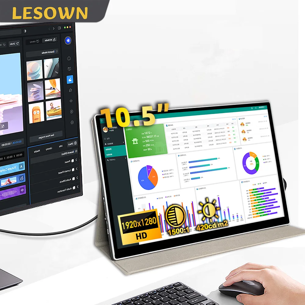 LESOWN 10.5 Inch Touch External Screen 2K Resolution Driverless Portable Display for Laptop