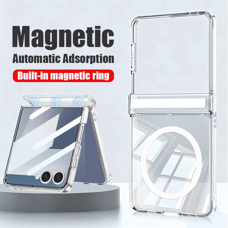 Transparent Magnetic Adsorption Phone Case For Samsung Galaxy Z Flip 8 7 FE 6 5 Z Flip8 Flip7 Shockproof Folding Hard PC Cover