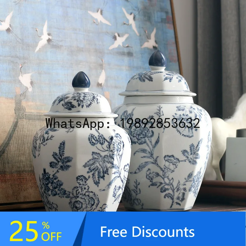 

CZ Blue and White Porcelain Hand-painted Octagonal General Jar Living Room Ceramic Ornament Jingdezhen Antique Decoration