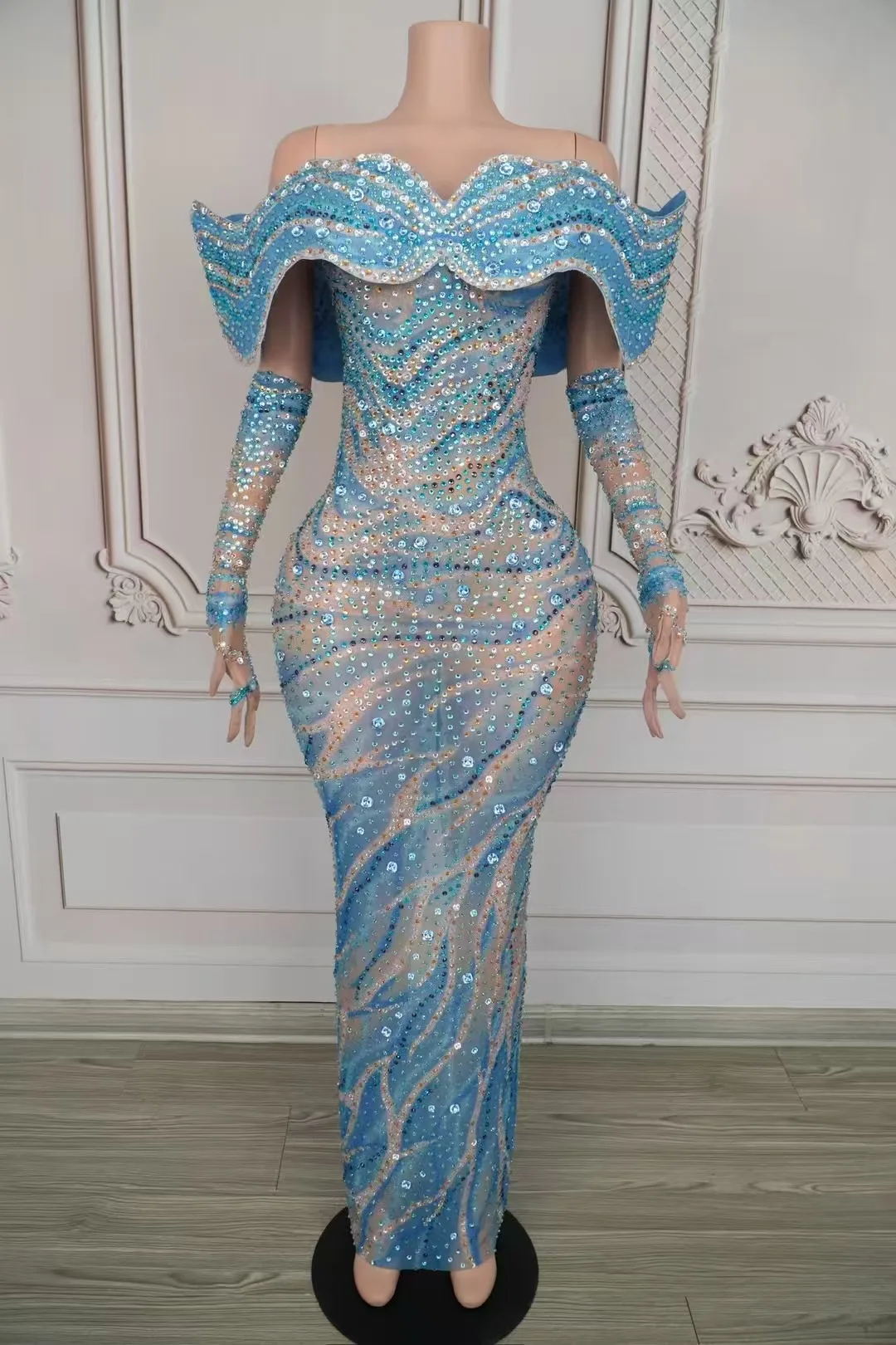 

Women'S Evening Blue Dressuxury RhinestonesEelgant Maxi Long Gown With Gloves BirthdayCelebrity Party Photoshoot D260